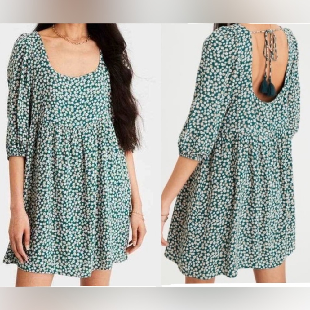 American Eagle Outfitters Floral Puff Sleeve Mini Dress - Green and Cream Size S